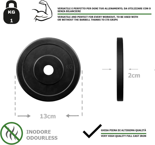 Rubberen gietijzeren schijven G5 HT SPORT Ø gat 25 mm voor sportschool en thuisgymnastiek van 0,5 tot 20 kg voor stuur en halters