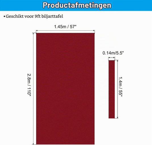 Biljartlaken 9 ft rood met 6 bandenstroken – vervangend biljartdoek – pooltafel accessoires