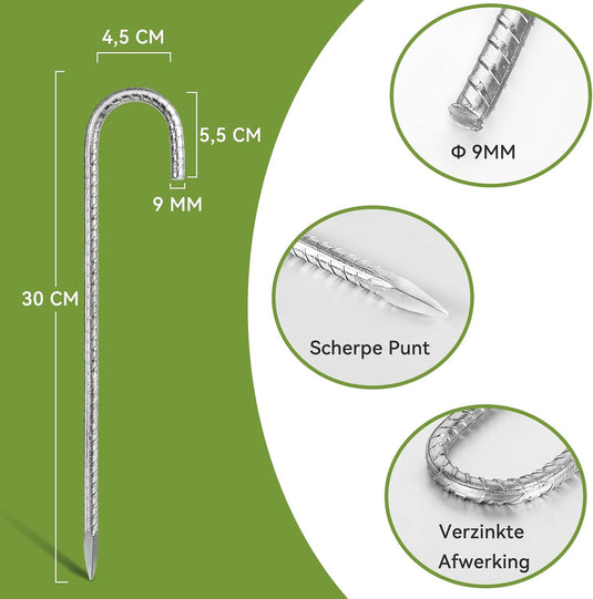 Grondankers 6 stuks 30 cm met J-haak van verzinkt staal – trampoline haringen – stormankers