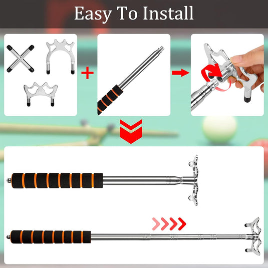 Biljartkeu Uitschuifbare Biljartkeu met 3 stuks Afneembare Messing Brug Hoofd Brug Houder Biljart Accessoires voor Biljarttafel, Snooker, Spel, Wedstrijd (Zilver)