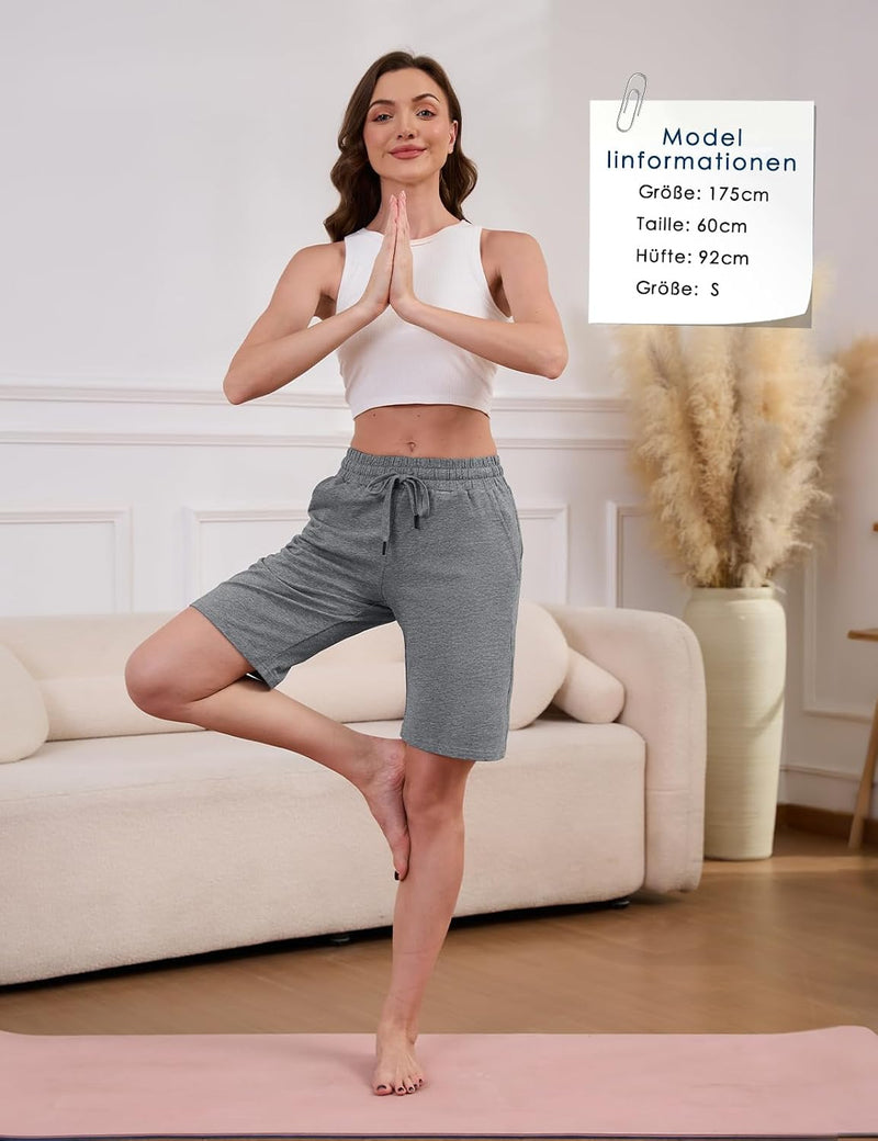 Load image into Gallery viewer, MOVE BEYOND Bermudashort voor dames, 36 cm lang, 3 zakken, atletische yoga, gym, sweatshorts met trekkoord, lounge, slaapshorts
