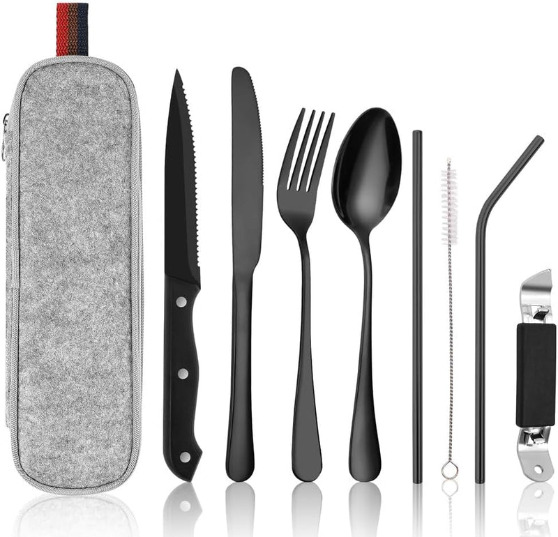 Laden Sie das Bild in Galerie -Viewer, Campingbestek set 9-delig roestvrij staal met etui
