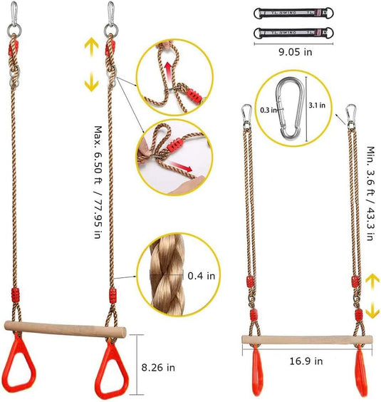 Trapezeschommel 2-in-1 met gymnastiekringen tot 120 kg – houten turnschommel – binnen en buiten
