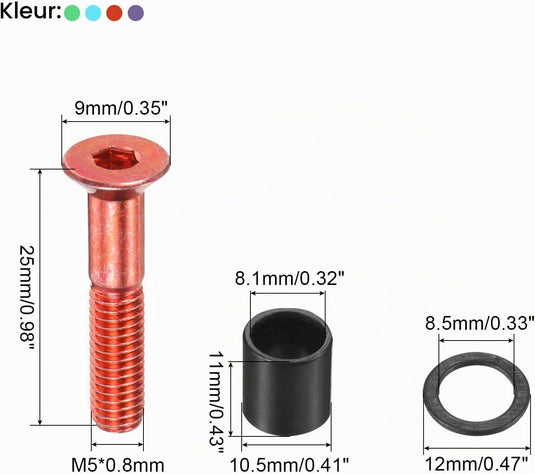 Skateboard hardware set 40-delig met 25 mm schroeven spacers washers en moeren – multicolor
