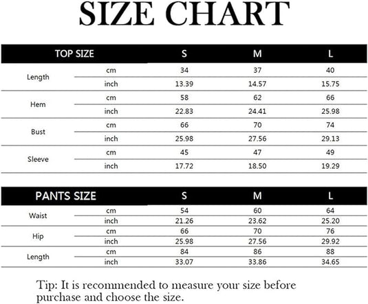 De "Zie er geweldig uit en voel je geweldig in deze 3-delige yoga workoutset!" bevat een maattabel voor tops en broeken in S, M en L, met cm- en inch-maten voor lengte, zoom, buste, mouw, taille en heup. Het biedt maattips voor de beste pasvorm met ademende stoffen.
