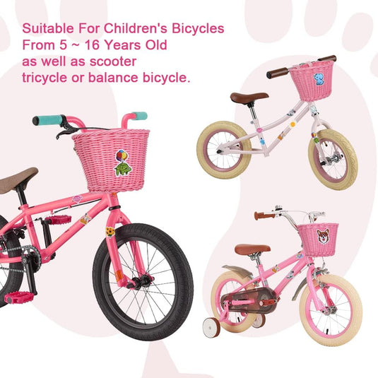 Flintronic Kinderfietsmand, handgeweven fietsmand voor kinderen, fietsmand voor meisjes, jongens, kinderen, met fietsaccessoires