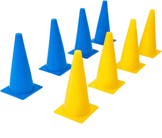 Trainingspionnen set 8 stuks 30 cm flexibel blauw en geel – sportpionnen – markeringskegels