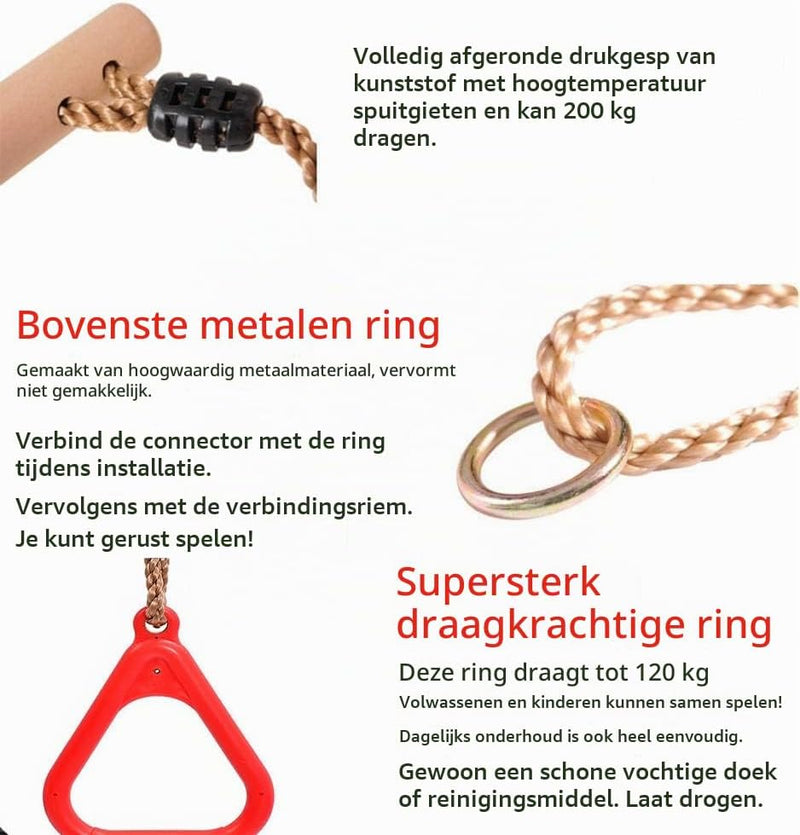 Laden Sie das Bild in Galerie -Viewer, Trapezeschommel 2-in-1 met gymnastiekringen tot 120 kg – houten turnschommel – binnen en buiten
