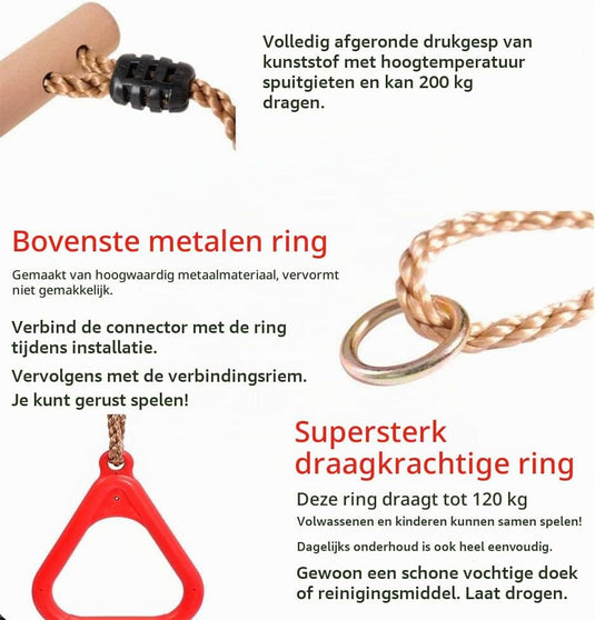 Trapezeschommel 2-in-1 met gymnastiekringen tot 120 kg – houten turnschommel – binnen en buiten