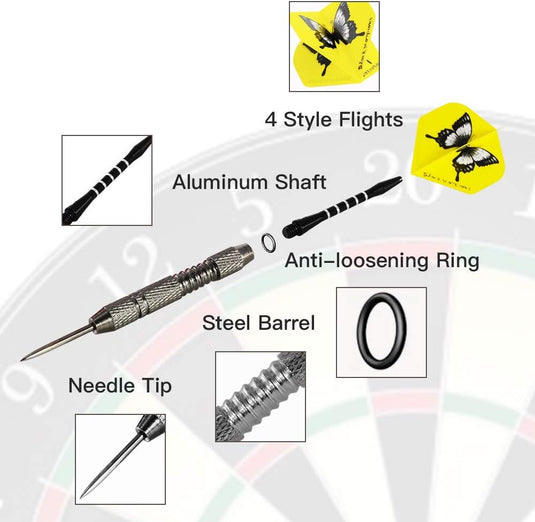 Dartpijlen, 12 stuks, 24 gram, stalen punt, dartset, professionele dartset met aluminium schachten en 4 stijlen van vinnen