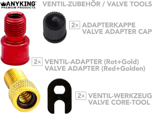 18-delige Frans Presta Sclaverand-ventiel SV vervangings-Set: fietsventielinzetstukken + autoventiel adapter luchtpomp compressor opzetstuk + schroefsleutel + ventieldop racefiets-ventielen