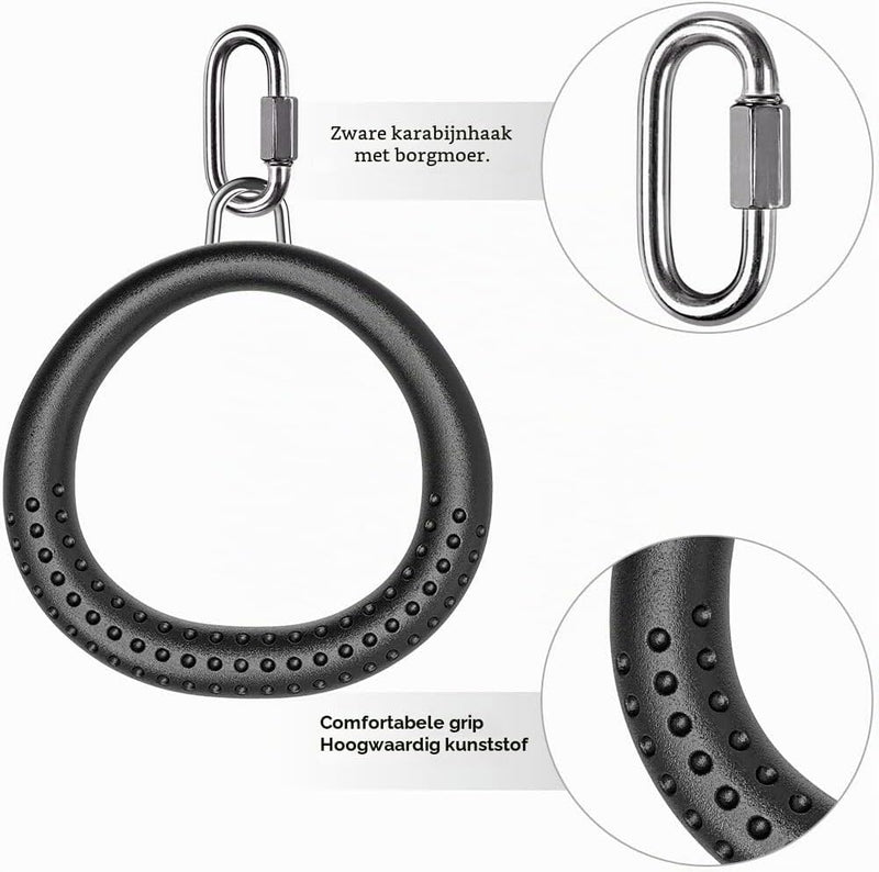 Laden Sie das Bild in Galerie -Viewer, Trapeze ringen 2 stuks met karabijnhaken voor klimrek en schommel – monkey bars – speeltoestel accessoires
