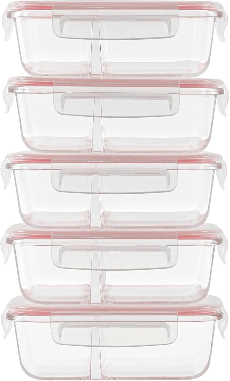 Laad afbeelding in Galerijviewer, Glazen meal prep bakjes set van 5 met 2 vakken
