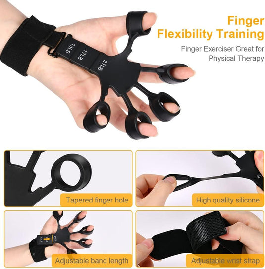 Verstellbarer Fingertrainer mit Handgelenkband und Silikon-Widerstandsschlaufen – Fingerstrecker – Handmuskeltraining