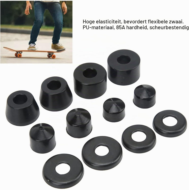 Chargez l'image dans la visionneuse de la galerie, Skateboard bushings 85A 12-delige rebuild set zwart – PU stuurrubbers – longboard skateboard accessoires
