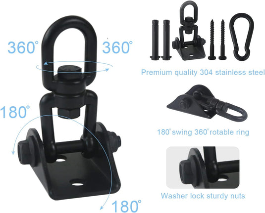 HOMPER 360° draaibare plafondhaak, 304 roestvrij staal, capaciteit 450 kg, met M8 karabijnhaak, schommelhaak voor hangstoel, beton, hout, yoga, hangmat, stoel, zandzak, wandhaak, gym (Zwart)
