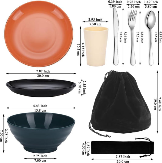 Campingservies set voor 1 persoon met bestek en tas