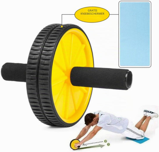 Ab roller met dubbele wielen handgrepen en kniemat geel – buikspiertrainer – ab wheel