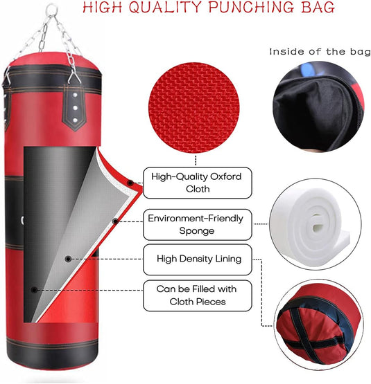 Bouw kracht en focus op met deze stevige hangende bokszakset voor thuis. Met diagram van Oxford-doek, spons, high-density voering en vulling met stoffen. Ideaal voor vechtsporten; close-ups van interieur en materiaal opgenomen.