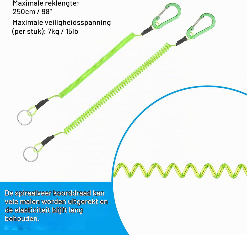Chargez l'image dans la visionneuse de la galerie, Spiraalkoorden 3 stuks uitschuifbaar tot 150 cm met clip groen – veiligheidslijnen – outdoor accessoires
