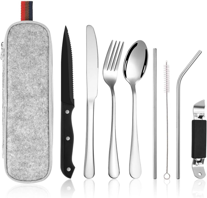 Laden Sie das Bild in Galerie -Viewer, Campingbestek set 9-delig roestvrij staal met etui

