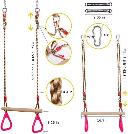 Trapezeschommel 2-in-1 met gymnastiekringen tot 120 kg – houten turnschommel – binnen en buiten