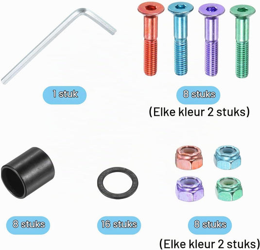 Skateboard hardware set 40-delig met 25 mm schroeven spacers washers en moeren – multicolor