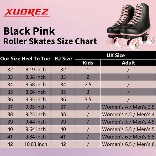 Rolschaatsen voor vrouwen meisjes zwarte roller derby skates volwassen dubbele rij lichtgevende schaatsen voor jeugd volwassen beginner (Eur 99-24 cm - UK: Dames 5,5 / Heren 5)