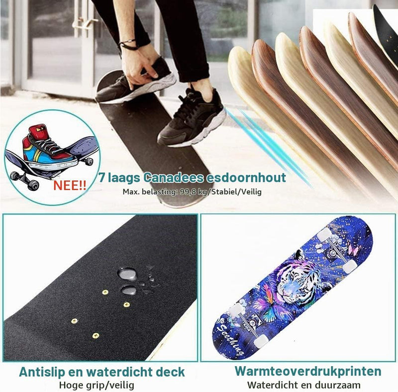 Laden Sie das Bild in Galerie -Viewer, Compleet skateboard 78,7 x 20,3 cm met 7-laags esdoorn deck en ABEC-7 lagers – beginners skateboard
