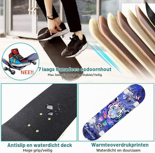 Compleet skateboard 78,7 x 20,3 cm met 7-laags esdoorn deck en ABEC-7 lagers – beginners skateboard