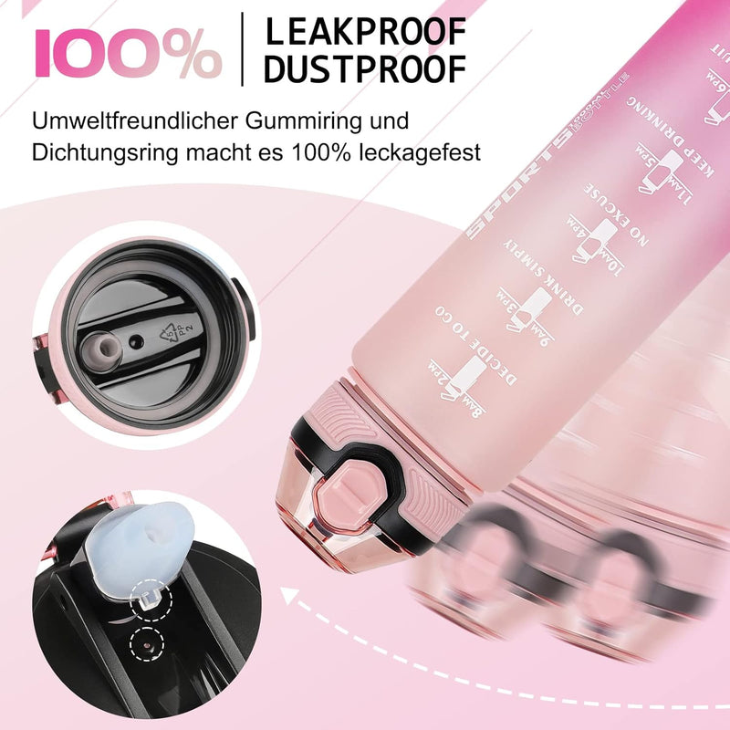 Load image into Gallery viewer, De 💧 BPA-vrije sportwaterfles van 1 liter – verleidelijkd, lekvrij en klaar voor elke dag 🏋️‍♀️ in roze wordt in detail weergegeven met een veilige, stofdichte dop, eco waterdichte afdichting en inspirerendede tijdmarkeringen.

