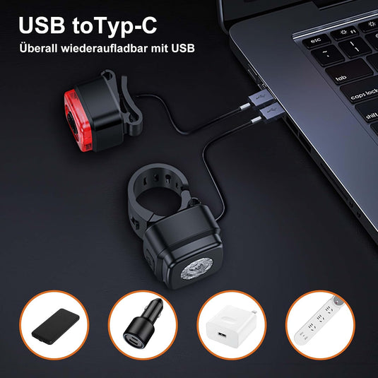 Oplaadbare fietsverlichting set USB-C IPX5 met voor- en achterlicht – fietslamp – LED fietslicht