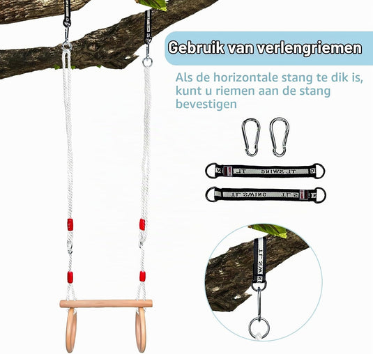 Trapezeschommel met gymnastiekringen en verstelbare touwen tot 100 kg – houten turnschommel