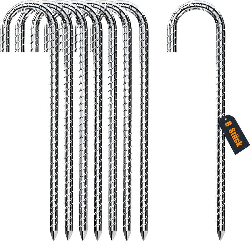 Laad afbeelding in Galerijviewer, Grondankers 8 stuks 30 cm met J-haak van verzinkt staal – trampoline haringen – stormankers
