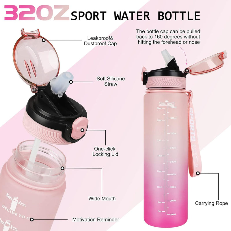 Load image into Gallery viewer, Diagram van de 💧 BPA-vrije sportwaterfles van 1 liter – stimulerend, lekvrij en klaar voor elke dag 🏋️‍♀️ in roze, met aanduidingen: lekvrije dop, siliconen rietje, vergrendelbaar deksel, brede opening, tijdmarkeringen en draagkoord.
