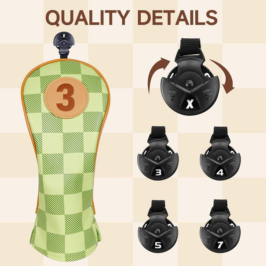 Golfclub beschermhoezen 4 stuks met dambordpatroon van kunstleer voor driver fairway en hybrid – golfcovers – clubhoezen