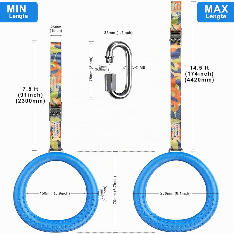 Laden Sie das Bild in Galerie -Viewer, Trapeze ringen 2 stuks met karabijnhaken voor klimrek en schommel – monkey bars – speeltoestel accessoires
