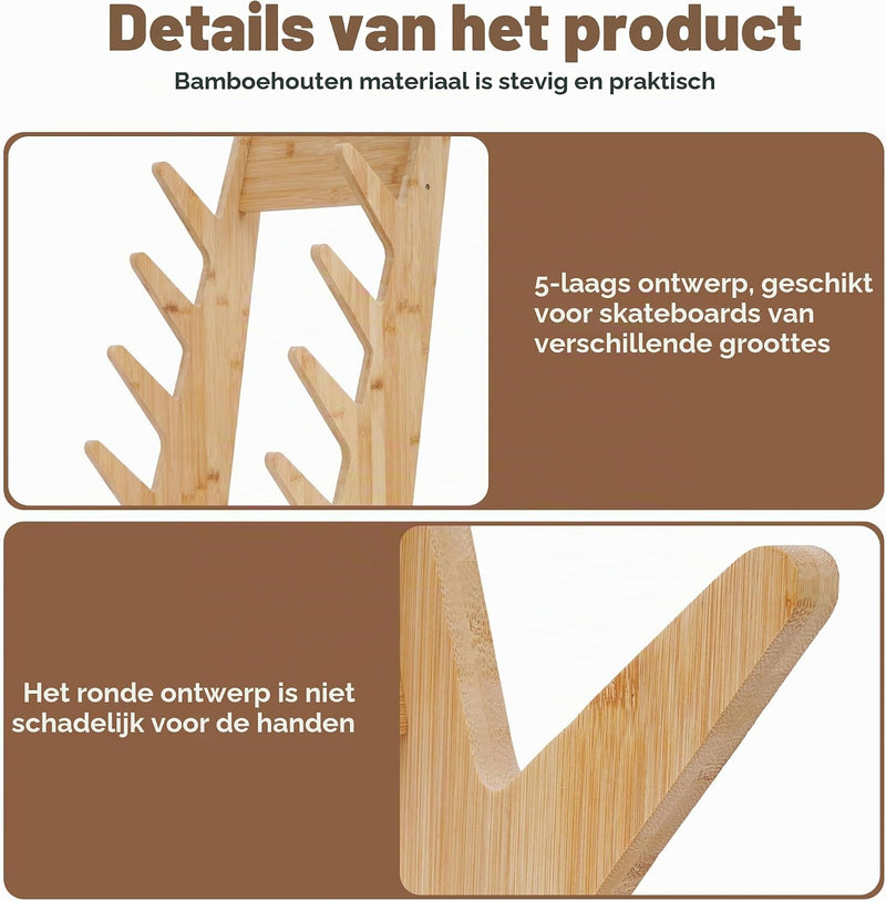 Carica immagine in Galleria Viewer, Skateboard vloerrek van hout met 5 vakken – vrijstaande boardhouder – skateboard opbergrek
