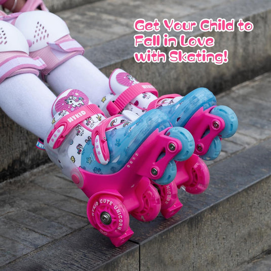 Rolschaatsen voor peuters (3-9 jaar), verstelbaar, leuke verlichting, veiligheid, 3-puntsbalans, beginnersrolschaatsen (eenhoorn, roze, 25-28)