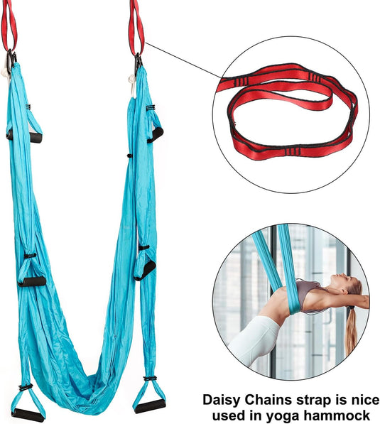 Sangles de suspension Daisy Chain 2 pièces 180 cm avec 12 boucles bleues – sangles en nylon réglables – accessoires de yoga aérien
