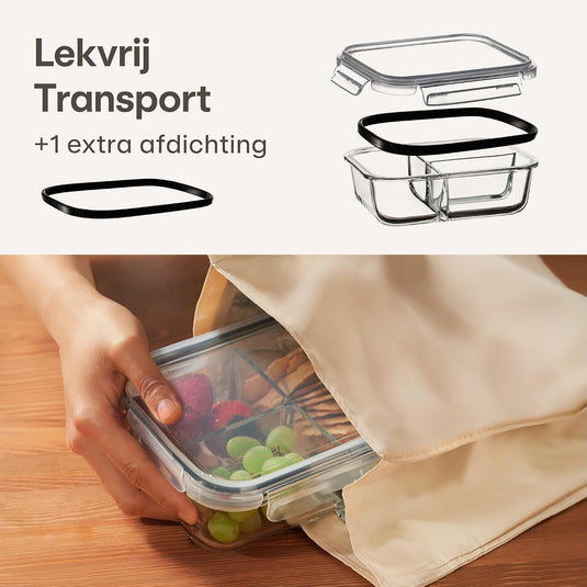 Glazen meal prep bakjes set van 2 met 3 vakken