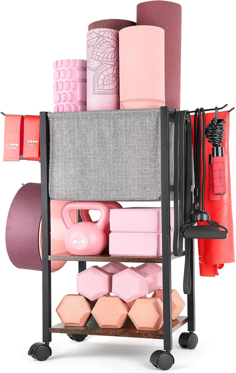 Load image into Gallery viewer, Yoga Mat Storage Rack, Multi-layer Yoga Mat Holder, Gym Equipment, Dumbbell Rack with Hooks and Wheels, Home Gym Workout Equipment Storage for Yoga Block Foam Roller Kettlebell Yoga Strap and Resistance Bands
