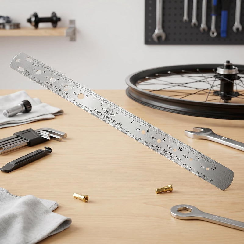 Załaduj obraz do przeglądarki galerii, Linijka do szprych rowerowych 360 mm ze stali nierdzewnej z dwustronną podziałką – miernik szprych – konserwacja roweru
