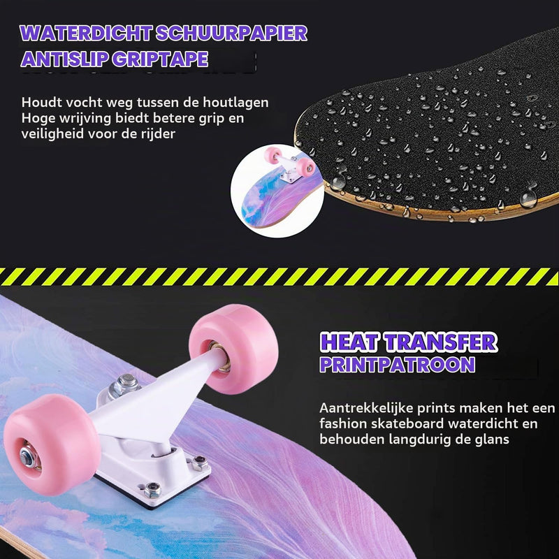 Laden Sie das Bild in Galerie -Viewer, Compleet skateboard 70 x 20 cm met 8-laags esdoorn deck en ABEC-11 lagers – double kick skateboard
