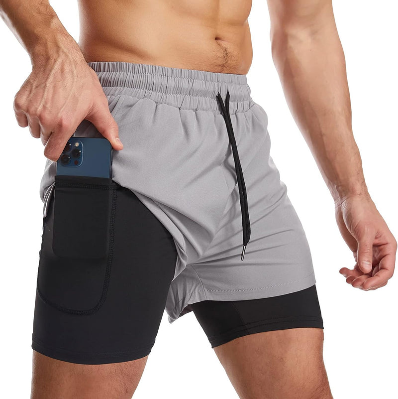 Laad afbeelding in Galerijviewer, Sportshort heren 2-in-1 met compressiebroek en zakken met ritssluiting – hardloopbroek – fitnesskleding
