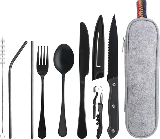 Campingbestek set 9-delig roestvrij staal met etui