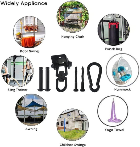 HOMPER 360° draaibare plafondhaak, 304 roestvrij staal, capaciteit 450 kg, met M8 karabijnhaak, schommelhaak voor hangstoel, beton, hout, yoga, hangmat, stoel, zandzak, wandhaak, gym (Zwart)