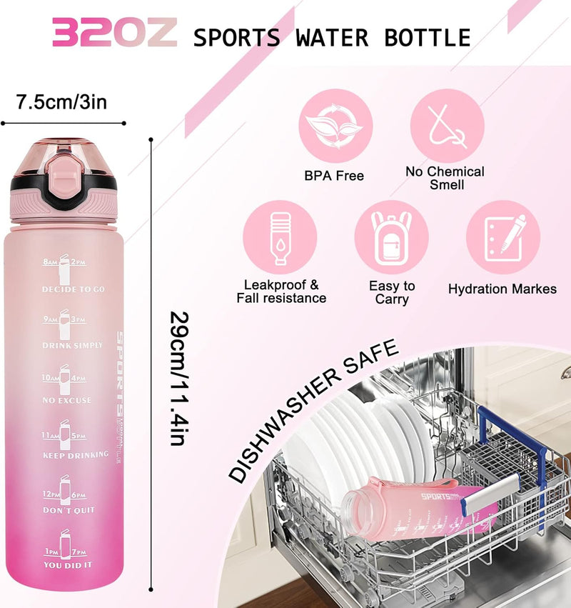 Load image into Gallery viewer, 💧 1 liter BPA-vrije sportwaterfles – verleidelijkd en lekvrij, karakteristieke met feature-icoontjes en geplaatst in een vaatwasser tussen schone borden.
