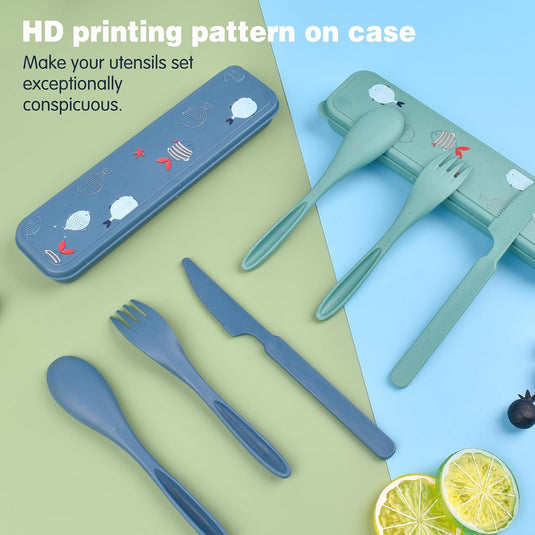 Reisbestek set van 2 met etui blauw en groen