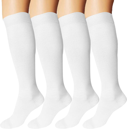 Ontdek de kracht van Maximale ondersteuning en comfort – compressiekousen! 🏃‍♂️🦵 Vier paar zijn te zien op mannequinbenen, elkaar tegen een neutrale achtergrond, ideaal om de bloedcirculatie naast te verbeteren en spiervermoeidheid te verminderen.